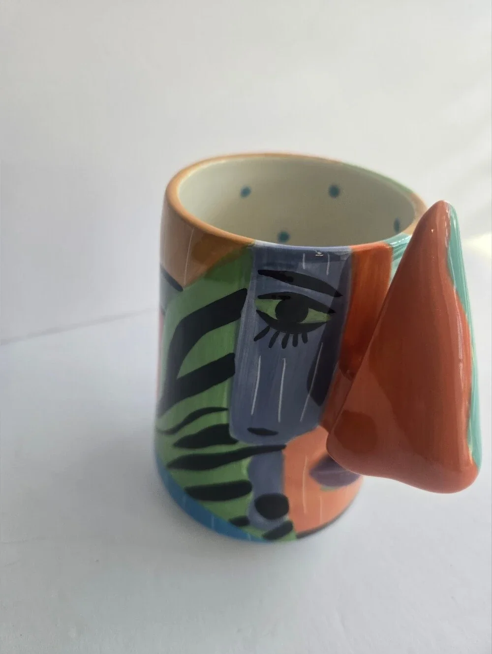 Hand-Painted Abstract Face Ceramic Mug in Orange and Teal